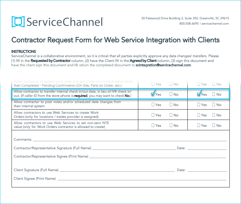 Contractor Request Form for Web Service Integration with selected XML permission