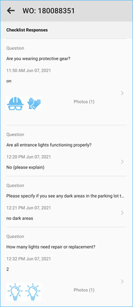 Checklist responses that appear in the ServiceChannel Mobile app